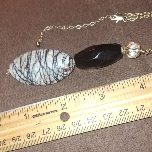 Picasso Jasper Onyx statement gemstone white black necklace goldtone euc - Picture 3 of 9